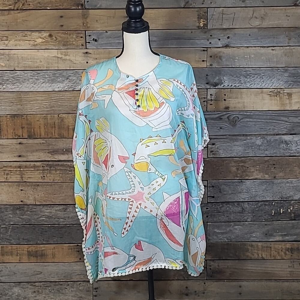 Vilagallo Kaftan Poncho Cover Up Swim Dress Cotton Blue Ocean Life Print Large